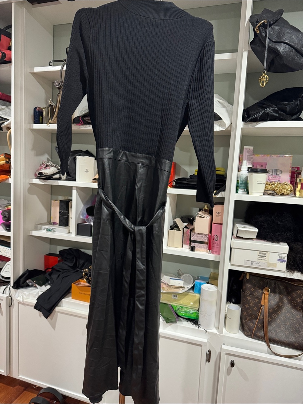 White House Black Market Black Mixed-Media Long Sleeve Midi Dress